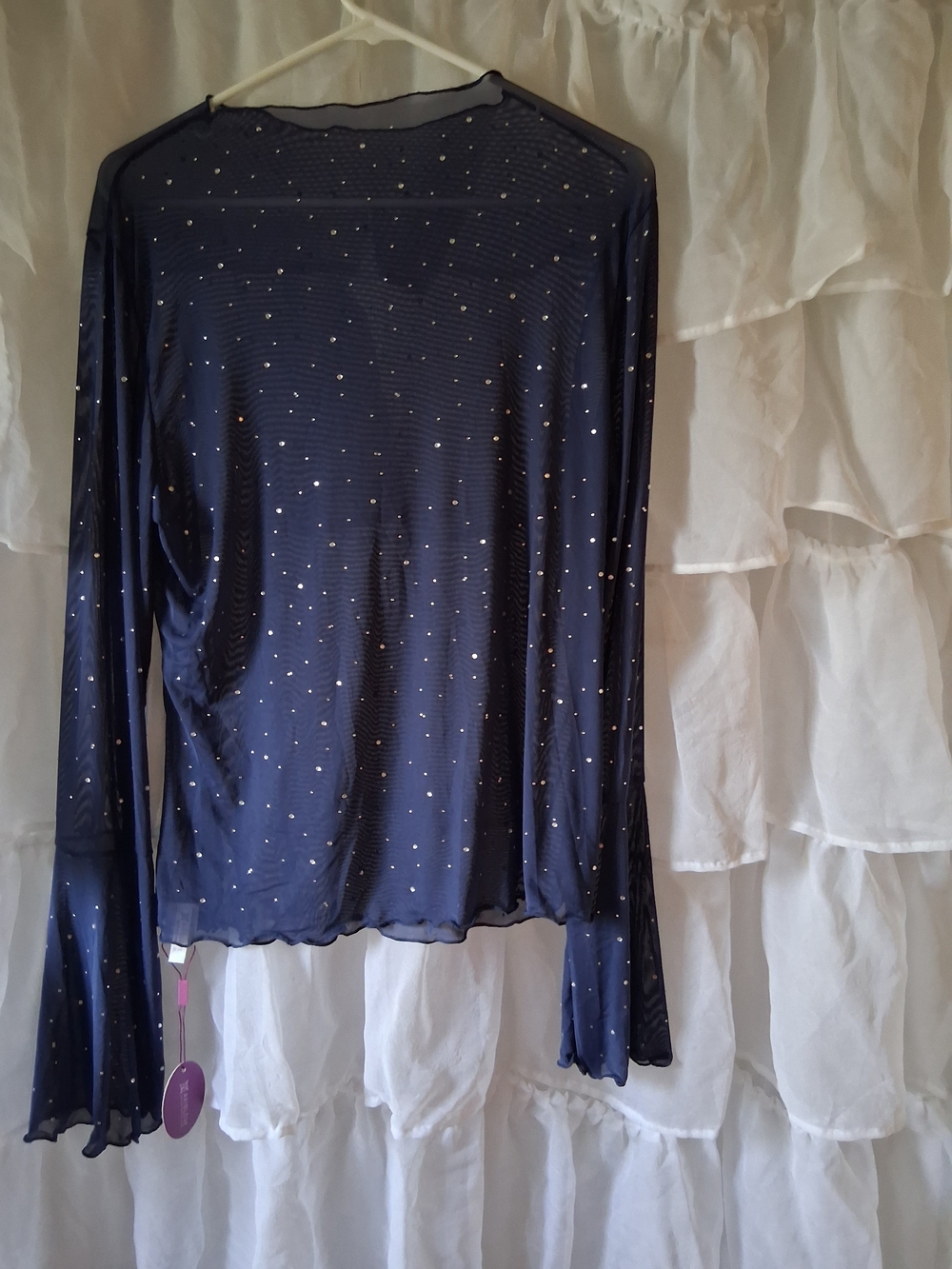 Navy Long-Sleeve Sheer Tee with Sparkle Detail